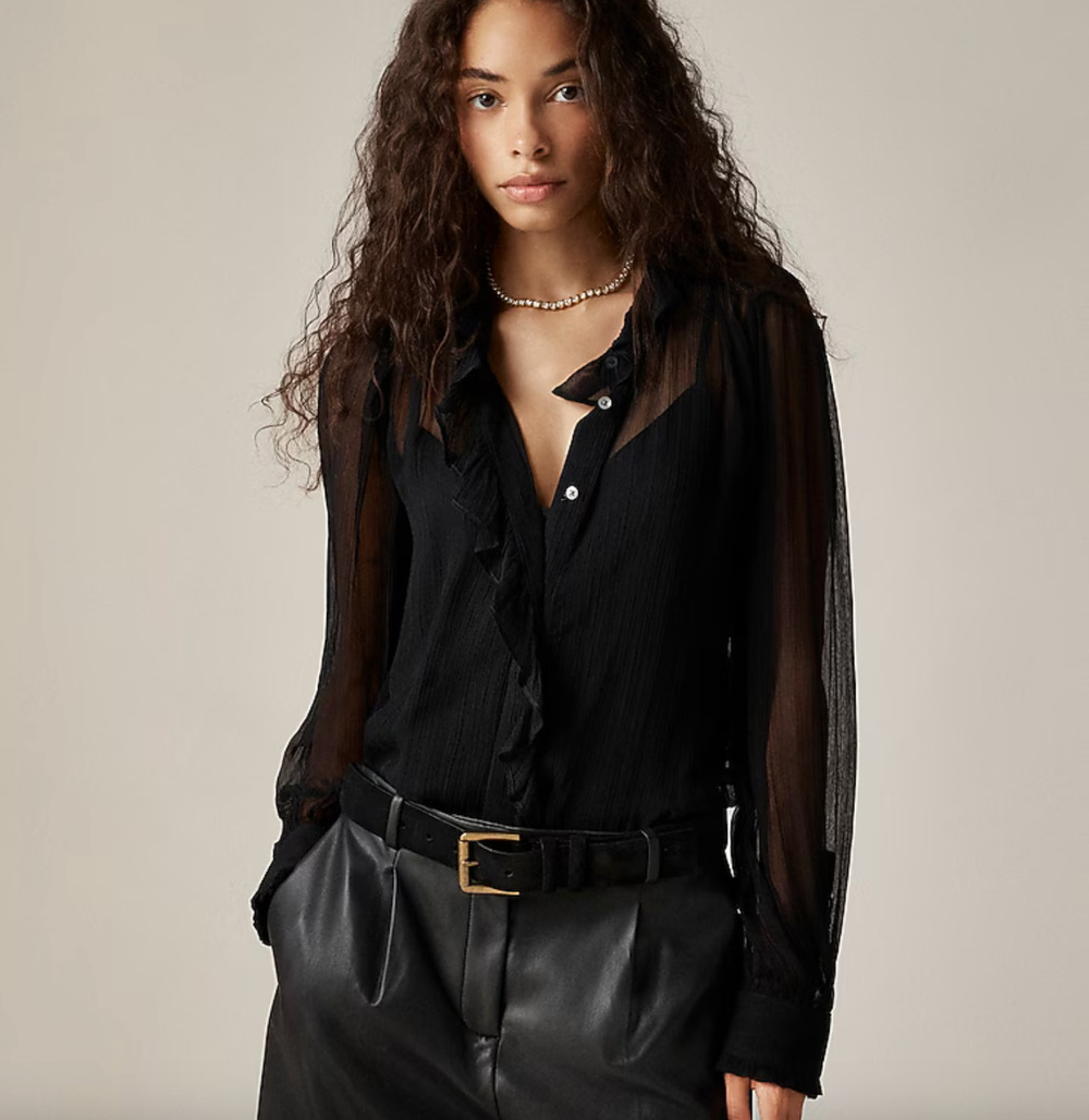 J Crew Ruffle Button Up Shirt In Crinkle Chiffon Womens Size 4 Sheer Black Flaws